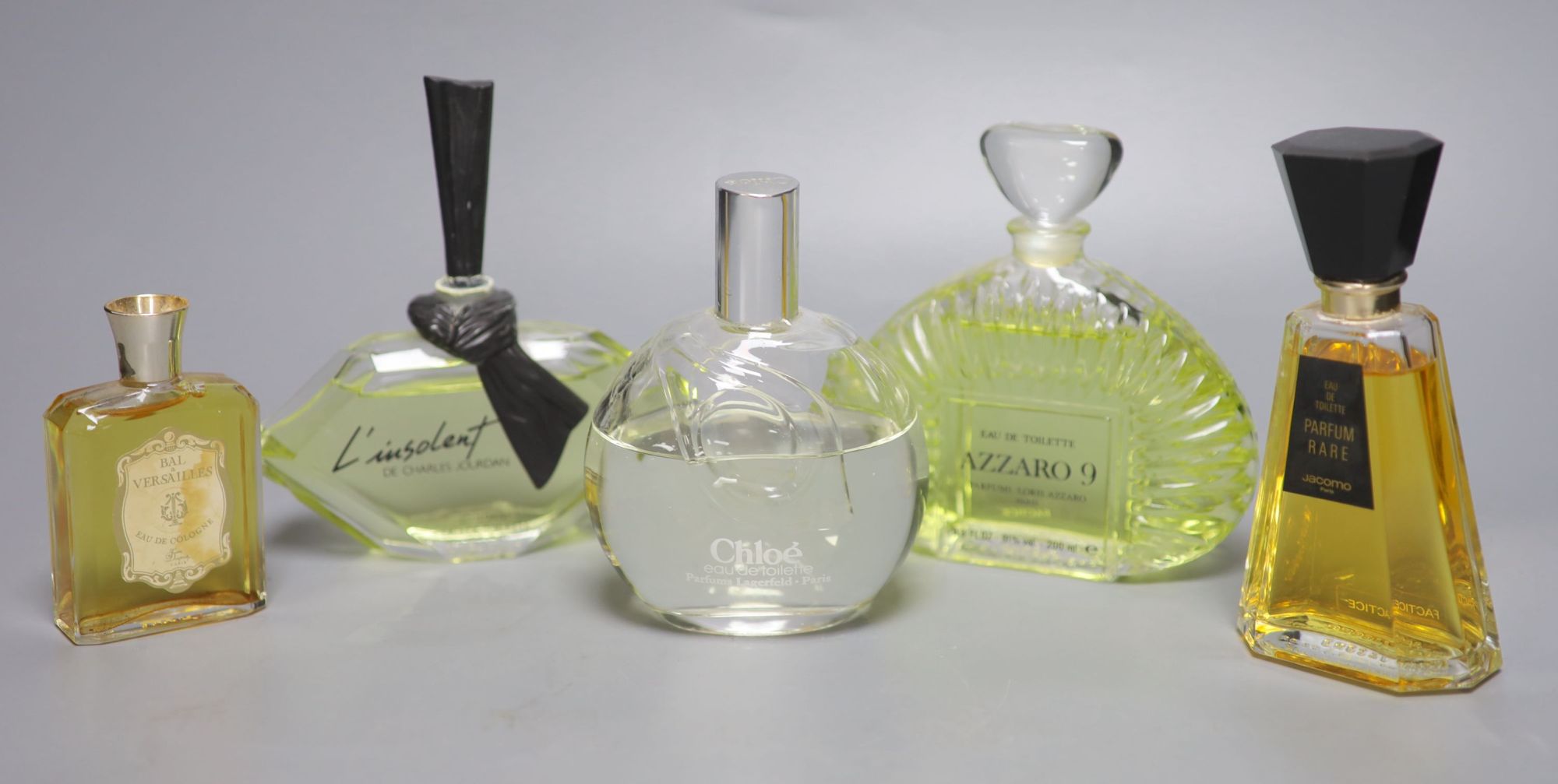 Five advertising display dummy factices; Loris Azzaro 9, Charles Jourdan LInsolent, Lagerfeld Chloe, Jacomo Parfum Rare and